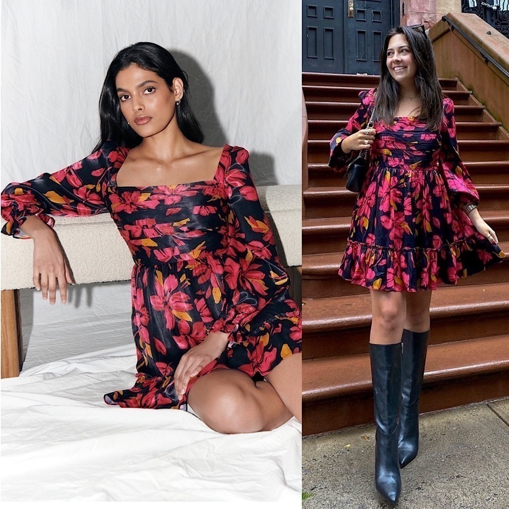 Saylor Floral Satin Puff Long Sleeve Ruched Bust Ruffled Hem Babydoll Dress M